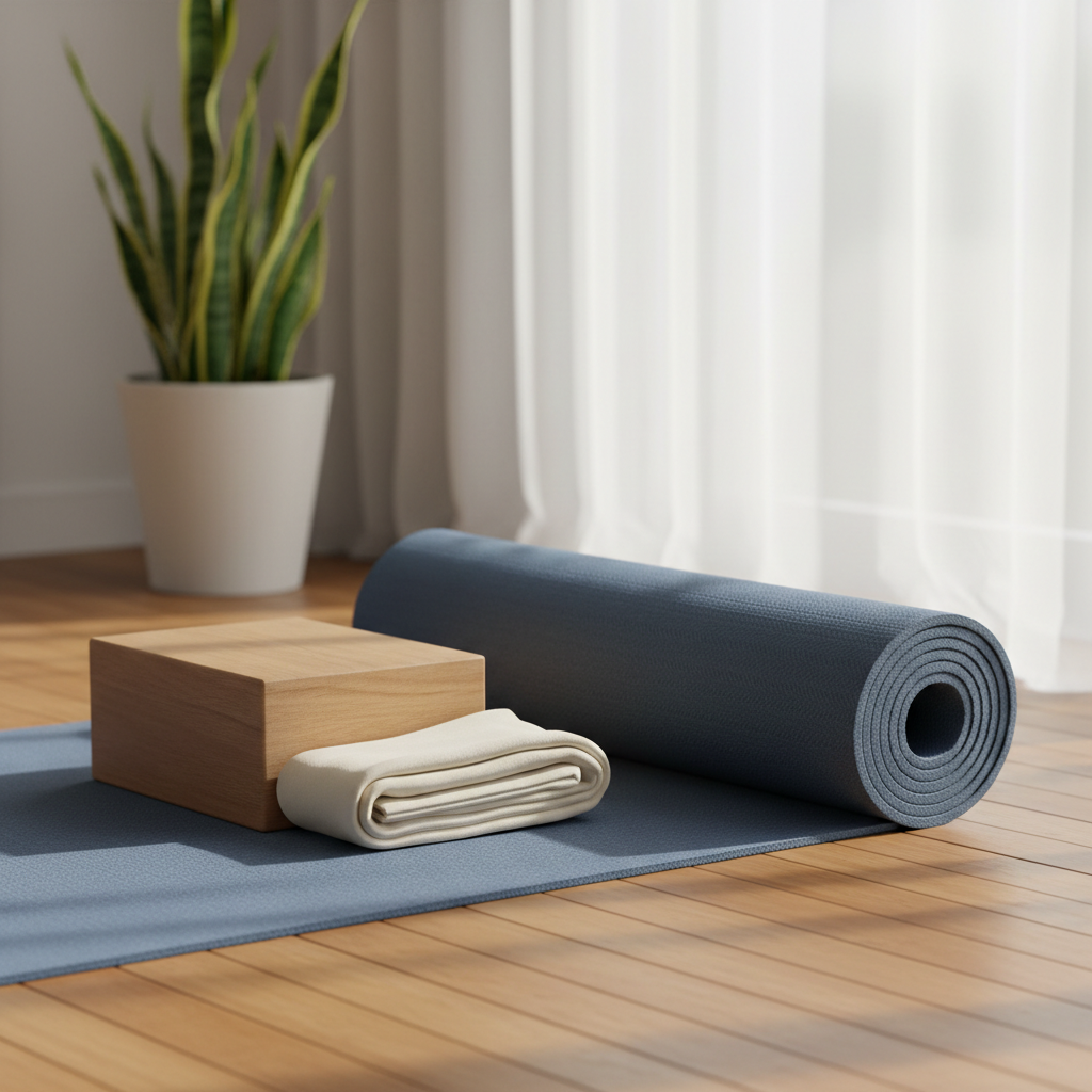 A neatly rolled slate-blue yoga mat with a subtle woven texture rests on warm, honey-toned bamboo flooring in a minimalist home studio. Beside it, a low natural wood block and a neatly folded cream cotton blanket are arranged with precision. Soft morning light filters through sheer white curtains, casting delicate, elongated shadows and gentle highlights along the mat’s edges. A single green houseplant in a matte white pot sits in the background, softly blurred. Photographic realism, shot at eye level with a shallow depth of field and a centered yet airy composition, creating a serene, sophisticated atmosphere that evokes calm, balance, and readiness for gentle practice.