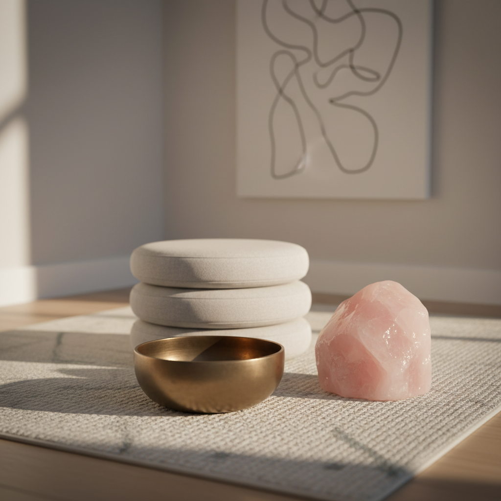 A tranquil altar-like corner in a yoga and wellness space featuring a smooth, oval singing bowl in brushed bronze, a polished rose quartz crystal, and a neatly stacked trio of light gray meditation cushions. They sit on an off-white woven rug with subtle geometric patterns. Behind them, a soft-focus backdrop of a pale neutral wall with a single abstract line drawing adds refinement. Late afternoon natural light streams from the side, creating soft highlights on the metal and crystal, with delicate shadows adding depth. Photographic realism, composed with the rule of thirds and a gentle vignette, conveying a refined, contemplative, and quietly luxurious mood ideal for inner harmony.