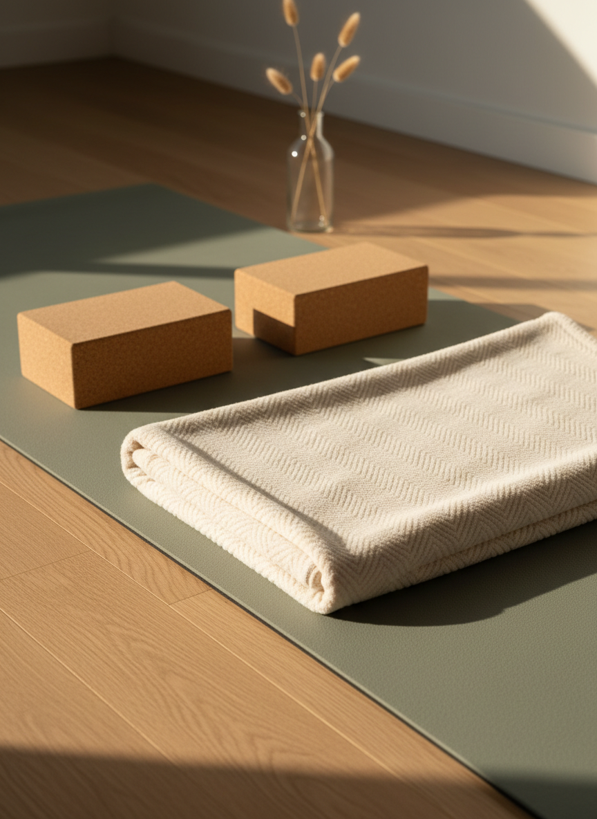 A neatly folded soft ivory blanket with a subtle herringbone texture lies across the center of a muted sage-green yoga mat, with a pair of smooth cork yoga blocks positioned symmetrically at the top. The mat is placed on light oak floorboards that run diagonally, adding gentle dynamism. In the background, slightly out of focus, stands a slender glass vase holding three simple dried grasses in warm beige tones. Golden hour sunlight pours in from the right, creating long, graceful shadows and warm highlights on the cork and fabric. Photographic realism, captured from a three-quarter view with the rule of thirds, evoking a refined, nurturing mood perfect for gentle Hatha and mindful movement.