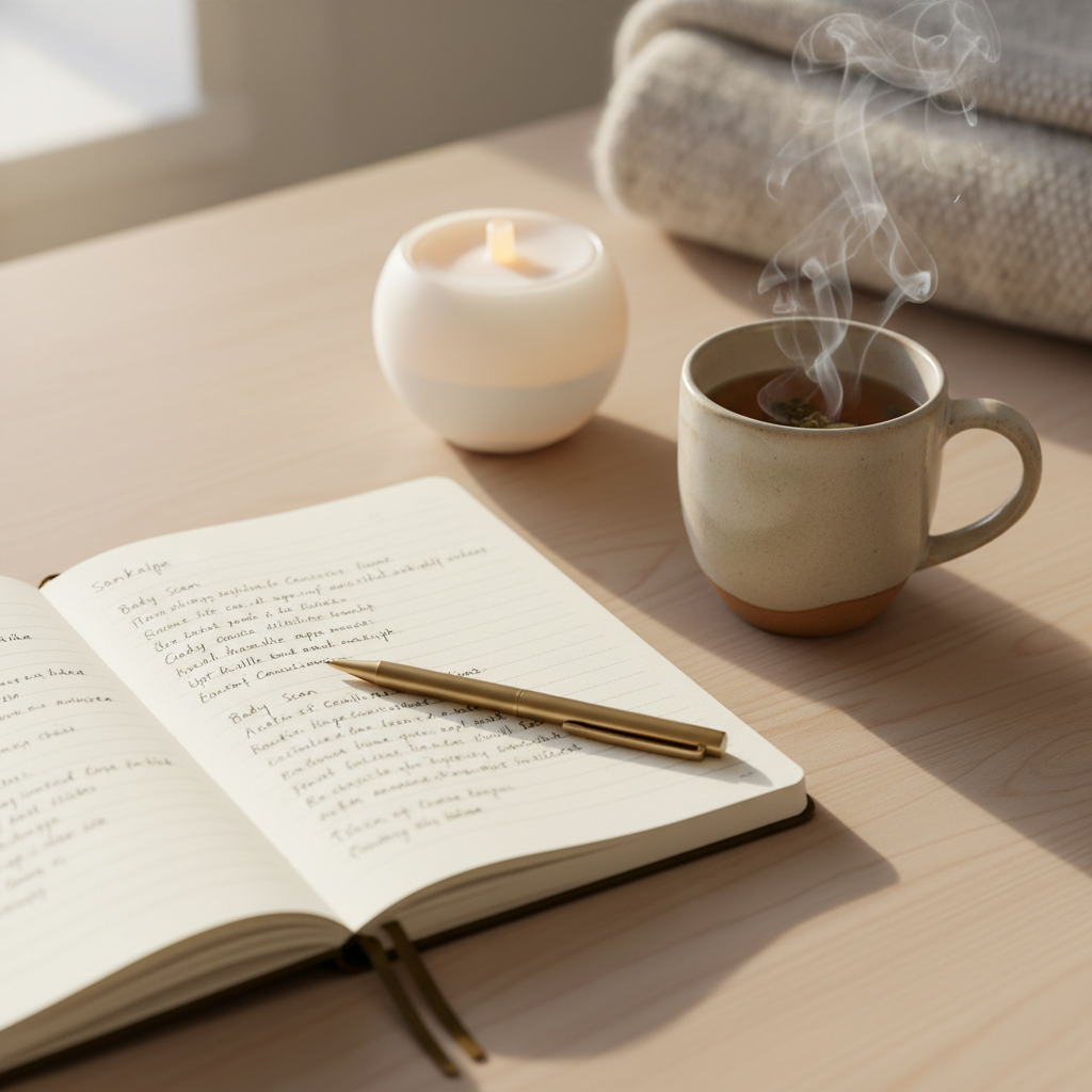 A close-up, overhead view of a handwritten yoga nidra script notebook open on a smooth ash-wood table, accompanied by a sand-colored ceramic mug of herbal tea releasing faint steam. A slim, matte gold pen rests across the notebook’s cream pages, filled with neat, flowing lines of ink. Beside them, a small, round diffuser in frosted white glass emits a soft glow. The background gently fades into blur, with hints of a folded blanket at the edge of the frame. Soft morning window light illuminates the scene, creating subtle highlights on the pen and the tea’s surface. Photographic realism, minimalist composition, evoking clarity, intention, and the promise of deep guided rest.