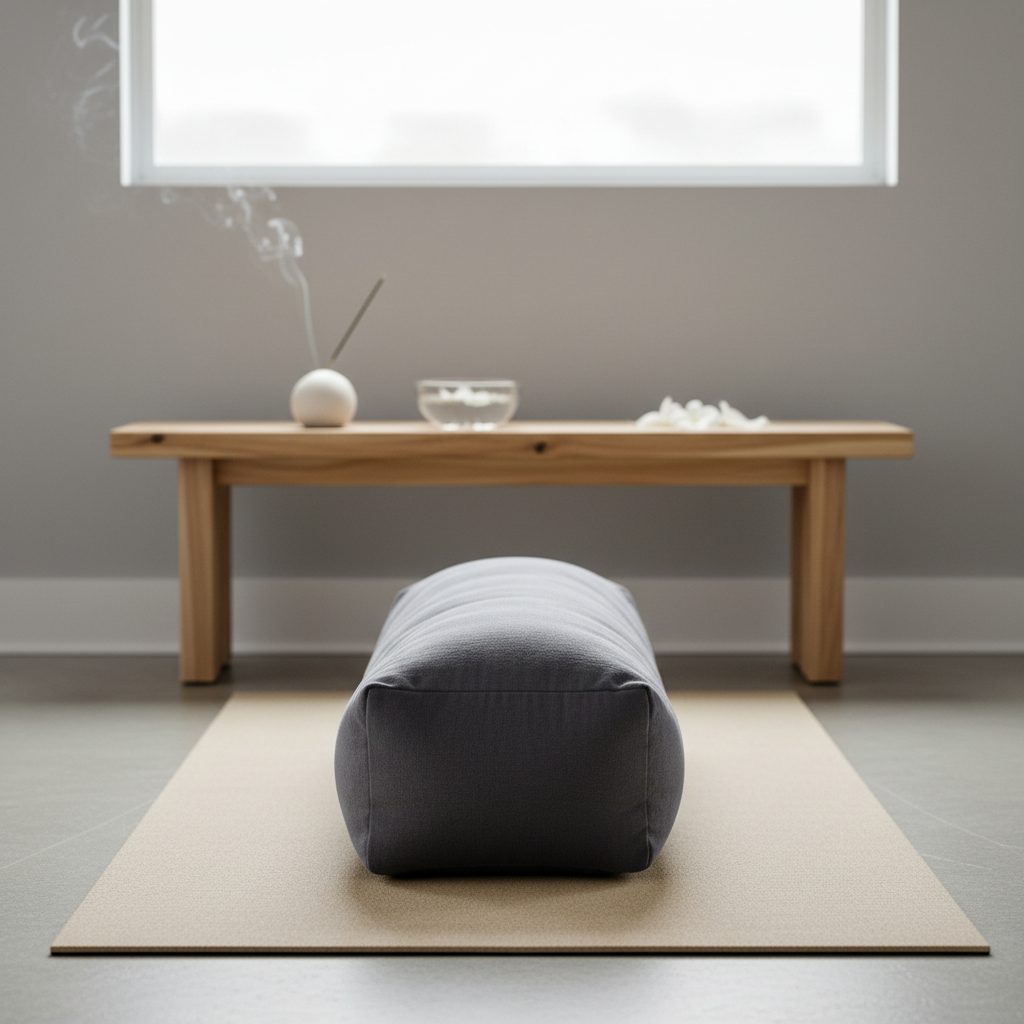 A plush, charcoal-gray yoga bolster in organic cotton, perfectly aligned on a pale sand-colored mat, is positioned in front of a low, natural wood bench in a serene studio. On the bench rest a minimalist ceramic incense holder with a thin trail of smoke and a small glass bowl of water with floating white petals. The room’s walls are soft dove gray, with a large unfocused window letting in diffused, overcast daylight that wraps the scene in gentle, even illumination. Photographic realism, shot from a slightly elevated angle with a balanced composition and moderate depth of field, creating a sophisticated, deeply soothing setting that embodies restorative practice and relaxation.