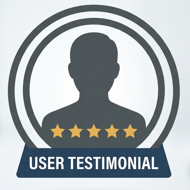 User silhouette inside a circular frame with five gold stars and text reading 'USER TESTIMONIAL'